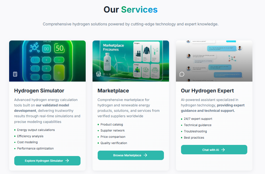 Figure 1: User Interface of H2CHAIN showing Calculator, Products, ChatBot, and Upcoming modules.